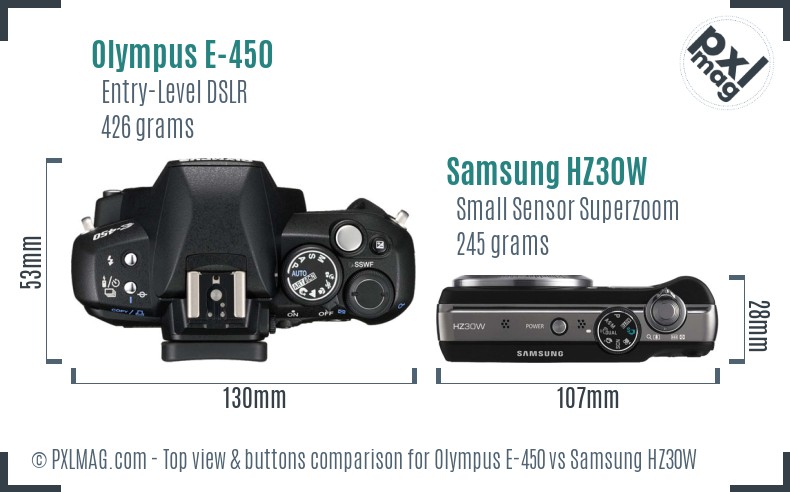 Olympus E-450 vs Samsung HZ30W top view buttons comparison