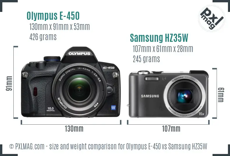 Olympus E-450 vs Samsung HZ35W size comparison