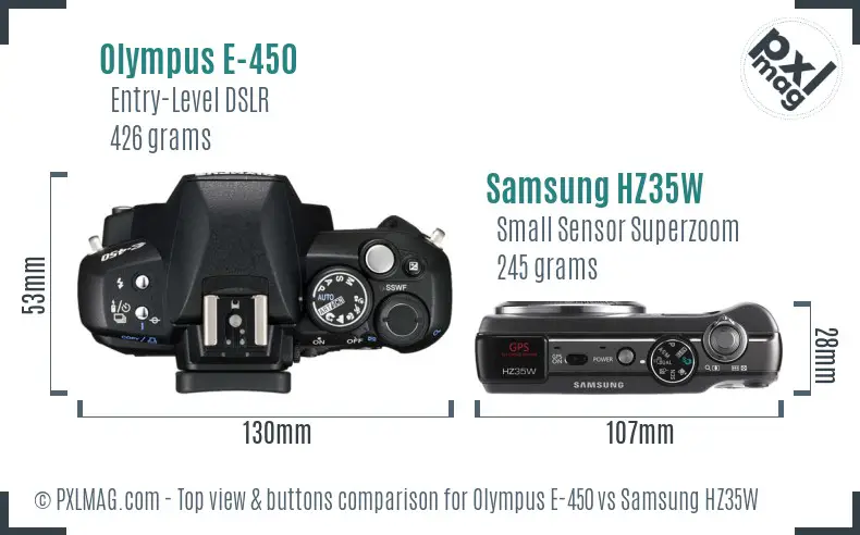 Olympus E-450 vs Samsung HZ35W top view buttons comparison