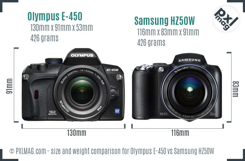 Olympus E-450 vs Samsung HZ50W size comparison