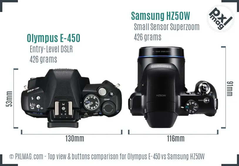 Olympus E-450 vs Samsung HZ50W top view buttons comparison