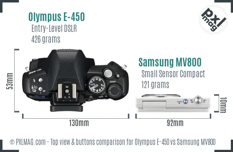 Olympus E-450 vs Samsung MV800 top view buttons comparison Olympus E-450 vs Samsung MV800 top view buttons comparison