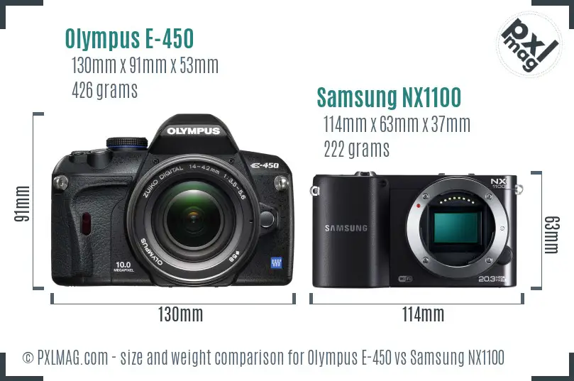 Olympus E-450 vs Samsung NX1100 size comparison Olympus E-450 vs Samsung NX1100 size comparison