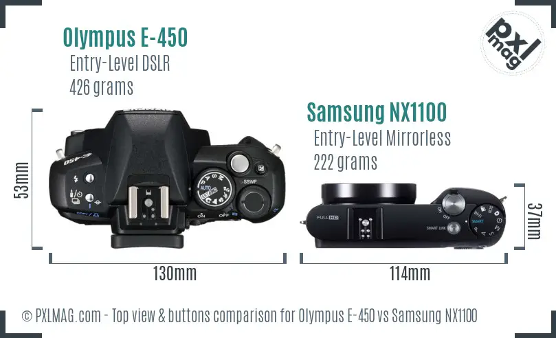 Olympus E-450 vs Samsung NX1100 top view buttons comparison Olympus E-450 vs Samsung NX1100 top view buttons comparison