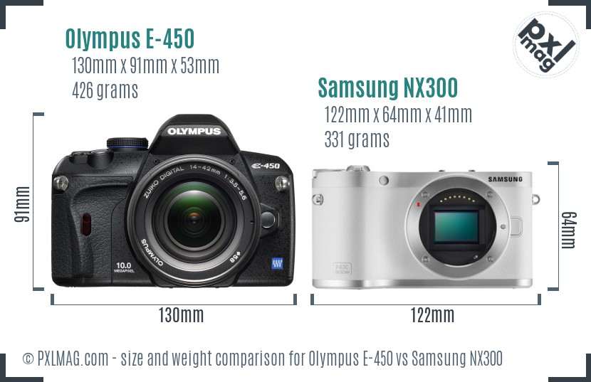 Olympus E-450 vs Samsung NX300 size comparison Olympus E-450 vs Samsung NX300 size comparison