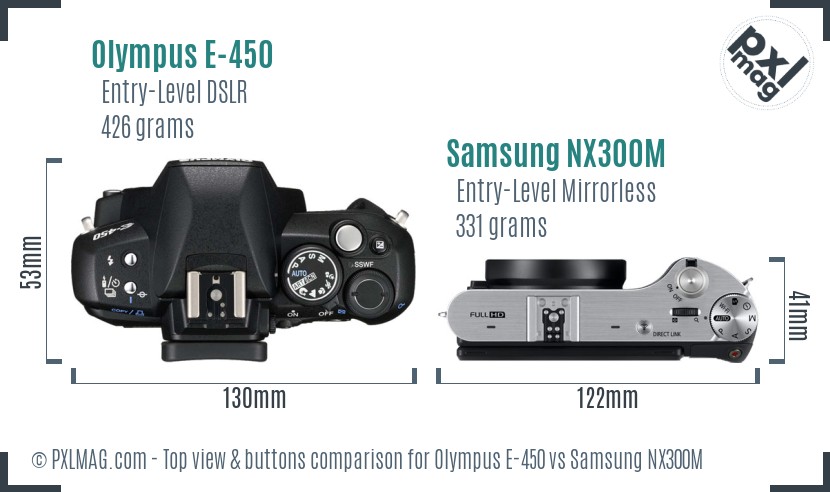 Olympus E-450 vs Samsung NX300M top view buttons comparison