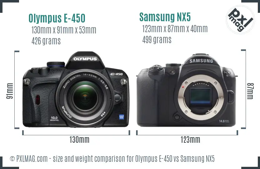 Olympus E-450 vs Samsung NX5 size comparison