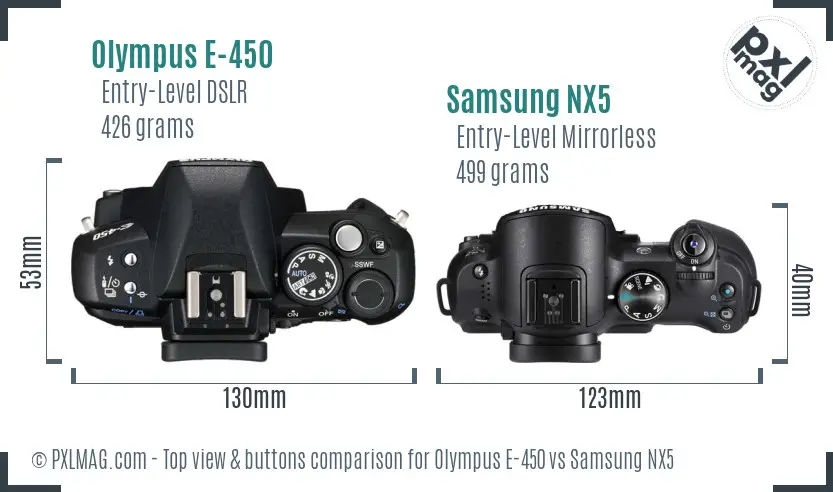 Olympus E-450 vs Samsung NX5 top view buttons comparison