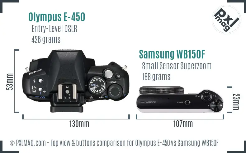 Olympus E-450 vs Samsung WB150F top view buttons comparison