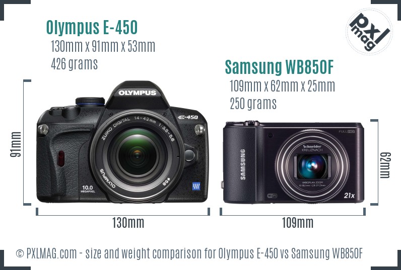 Olympus E-450 vs Samsung WB850F size comparison