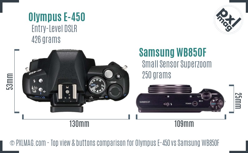 Olympus E-450 vs Samsung WB850F top view buttons comparison