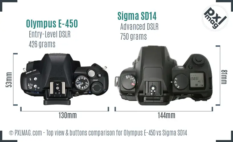 Olympus E-450 vs Sigma SD14 top view buttons comparison