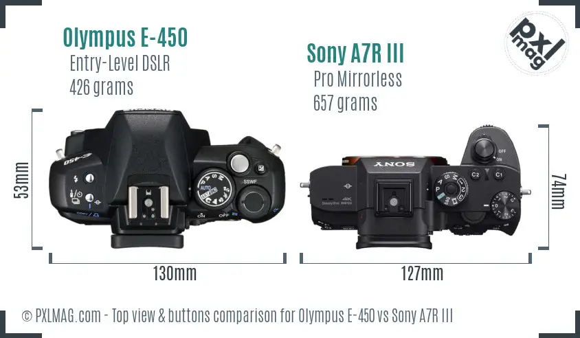 Olympus E-450 vs Sony A7R III top view buttons comparison