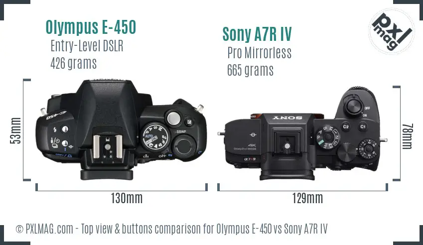 Olympus E-450 vs Sony A7R IV top view buttons comparison