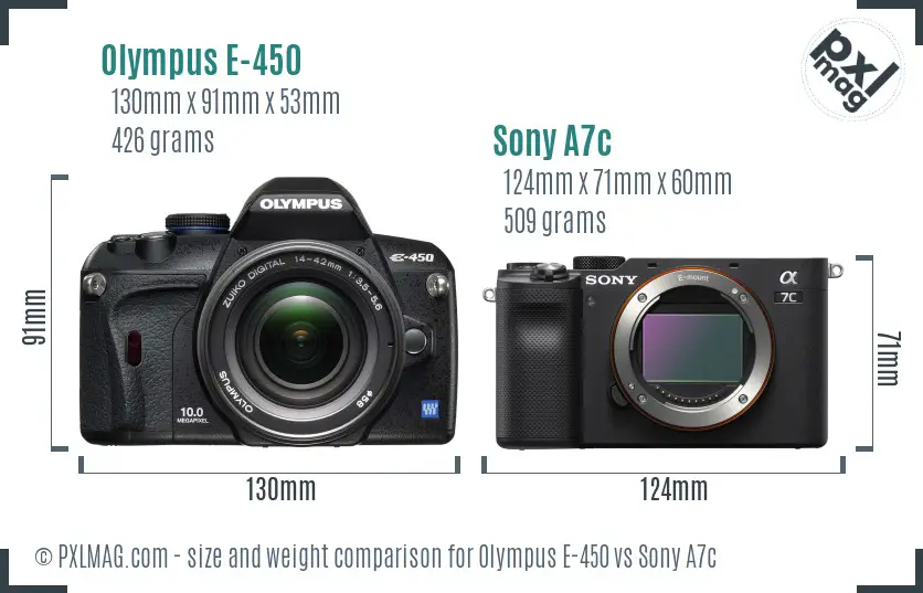 Olympus E-450 vs Sony A7c size comparison