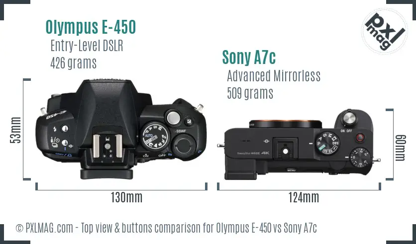 Olympus E-450 vs Sony A7c top view buttons comparison