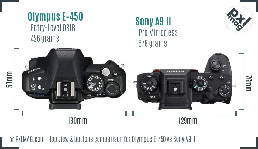 Olympus E-450 vs Sony A9 II top view buttons comparison