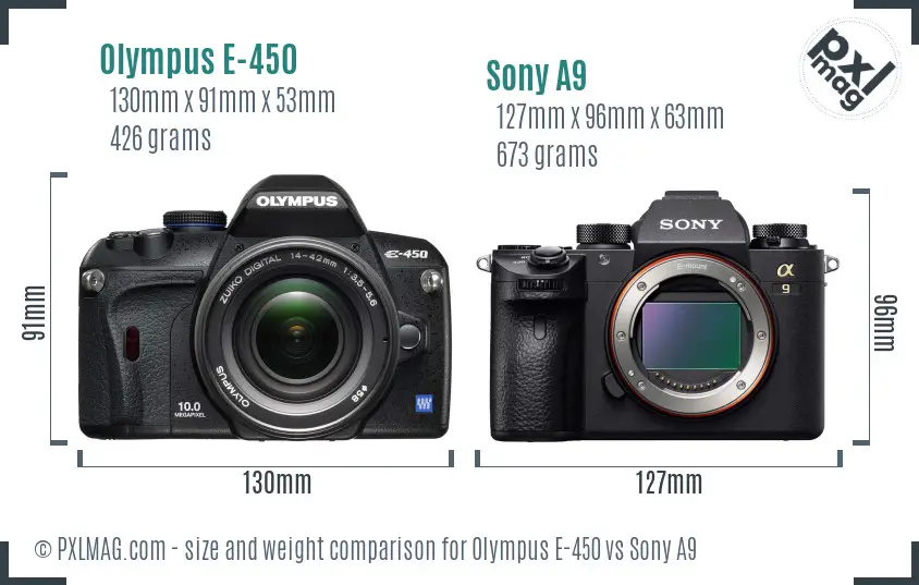 Olympus E-450 vs Sony A9 size comparison