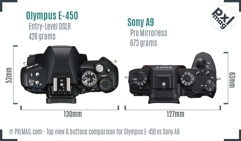 Olympus E-450 vs Sony A9 top view buttons comparison