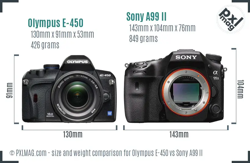 Olympus E-450 vs Sony A99 II size comparison