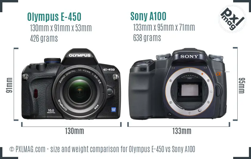 Olympus E-450 vs Sony A100 size comparison