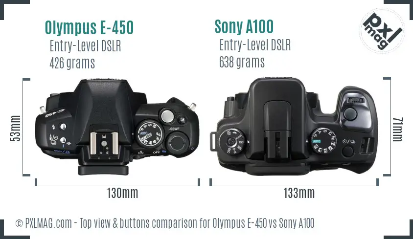 Olympus E-450 vs Sony A100 top view buttons comparison