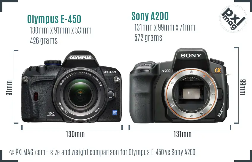 Olympus E-450 vs Sony A200 size comparison