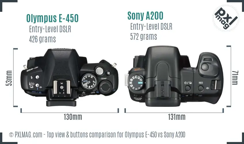 Olympus E-450 vs Sony A200 top view buttons comparison