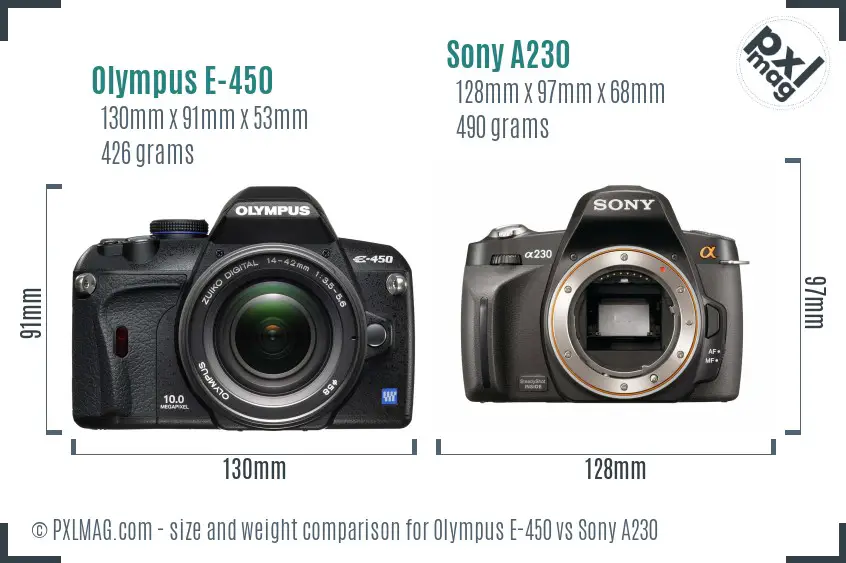 Olympus E-450 vs Sony A230 size comparison