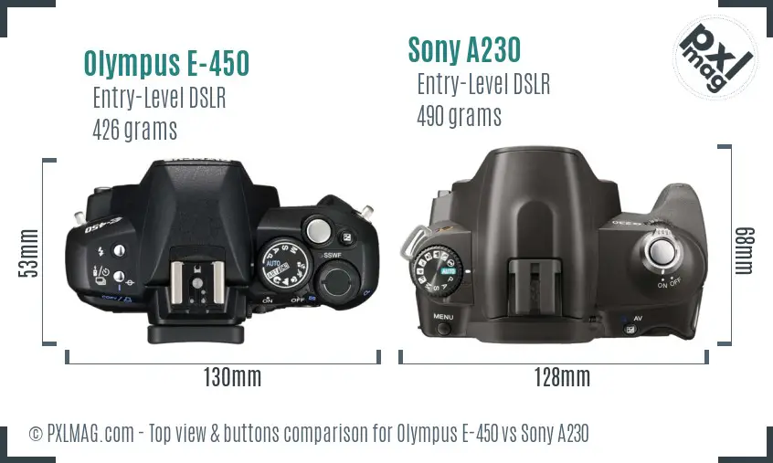 Olympus E-450 vs Sony A230 top view buttons comparison