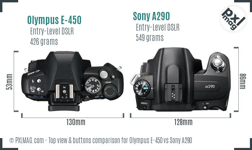 Olympus E-450 vs Sony A290 top view buttons comparison