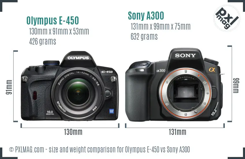 Olympus E-450 vs Sony A300 size comparison