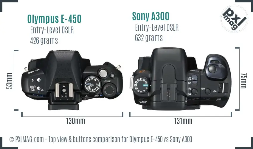 Olympus E-450 vs Sony A300 top view buttons comparison