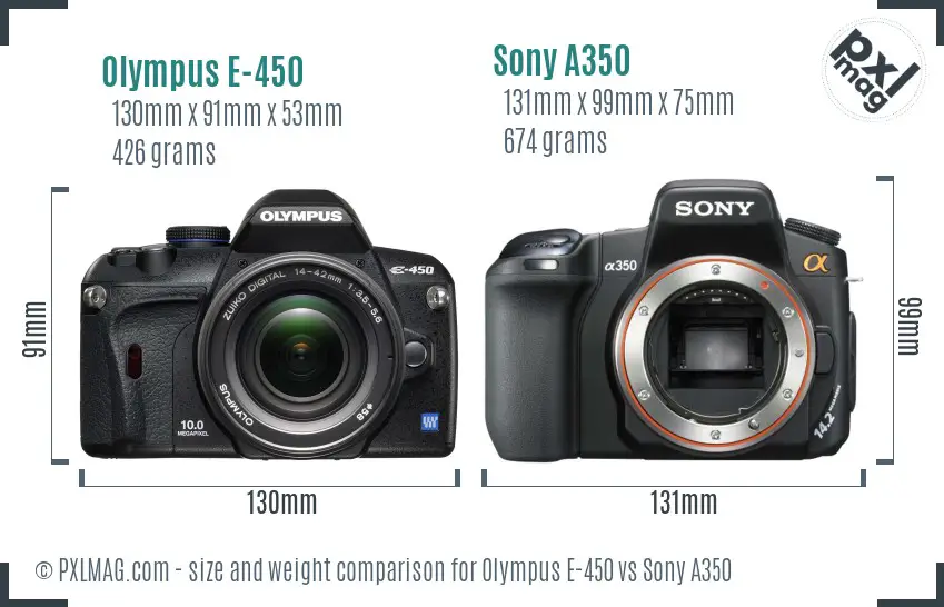 Olympus E-450 vs Sony A350 size comparison