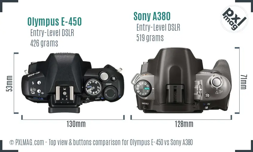 Olympus E-450 vs Sony A380 top view buttons comparison