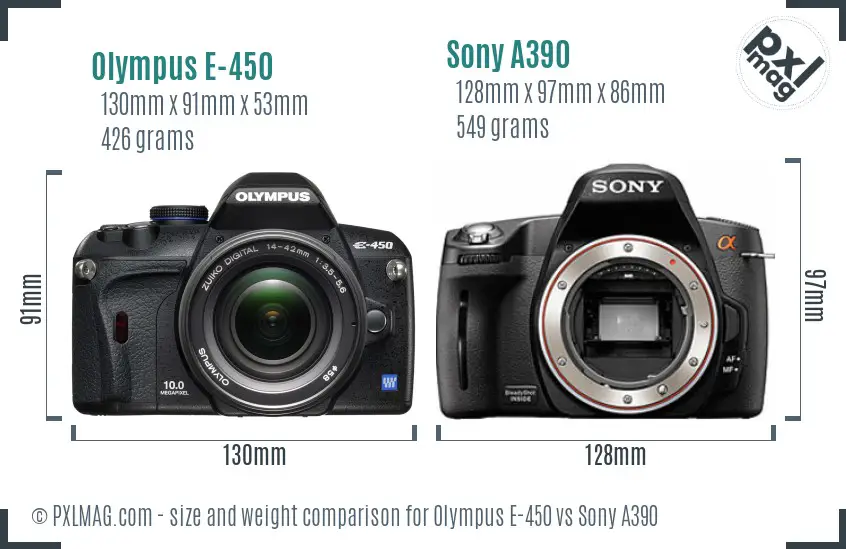 Olympus E-450 vs Sony A390 size comparison