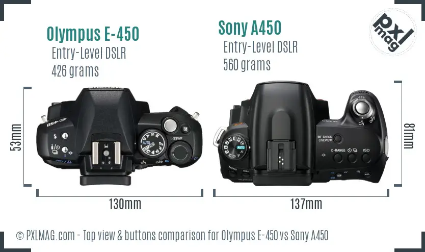 Olympus E-450 vs Sony A450 top view buttons comparison