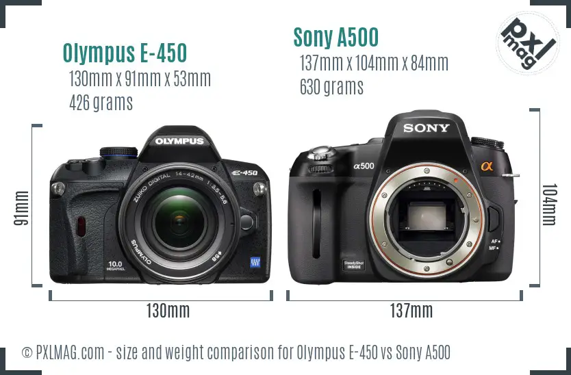 Olympus E-450 vs Sony A500 size comparison