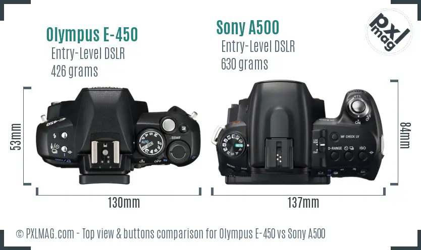 Olympus E-450 vs Sony A500 top view buttons comparison