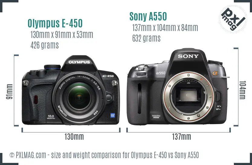 Olympus E-450 vs Sony A550 size comparison