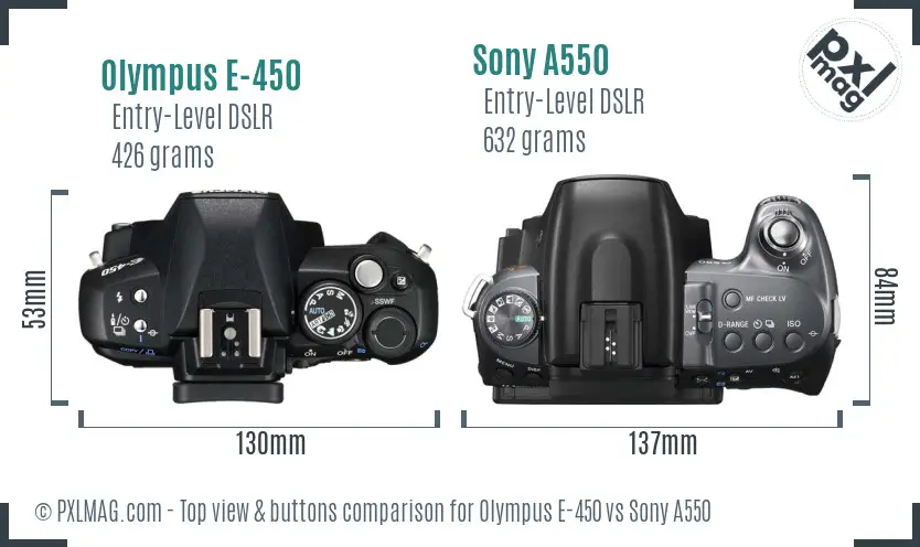 Olympus E-450 vs Sony A550 top view buttons comparison