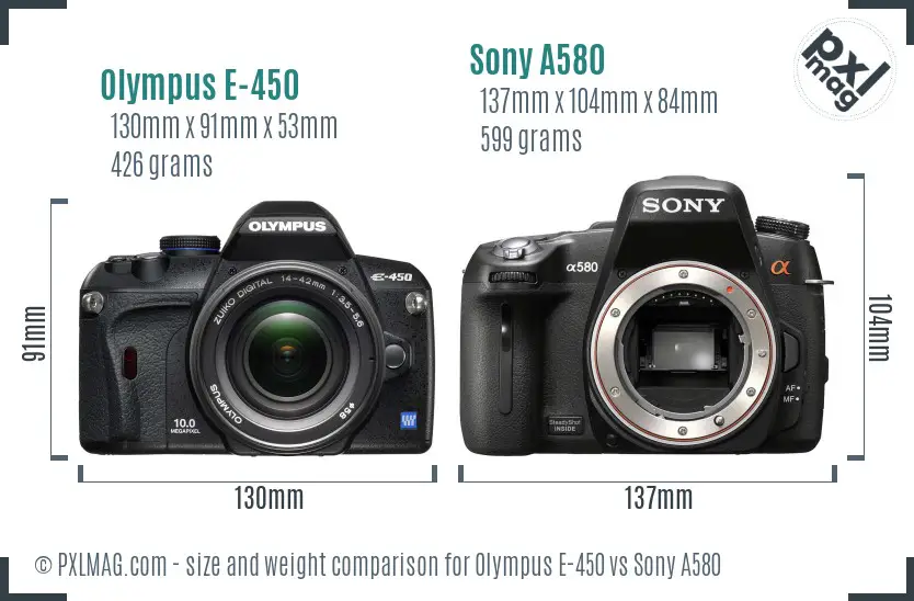 Olympus E-450 vs Sony A580 size comparison