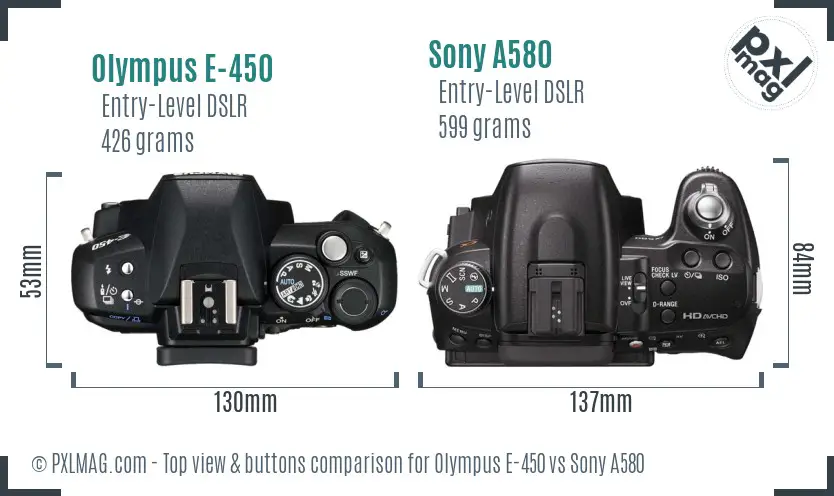 Olympus E-450 vs Sony A580 top view buttons comparison