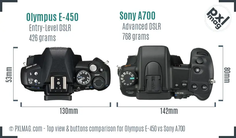 Olympus E-450 vs Sony A700 top view buttons comparison