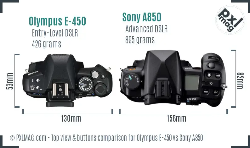 Olympus E-450 vs Sony A850 top view buttons comparison