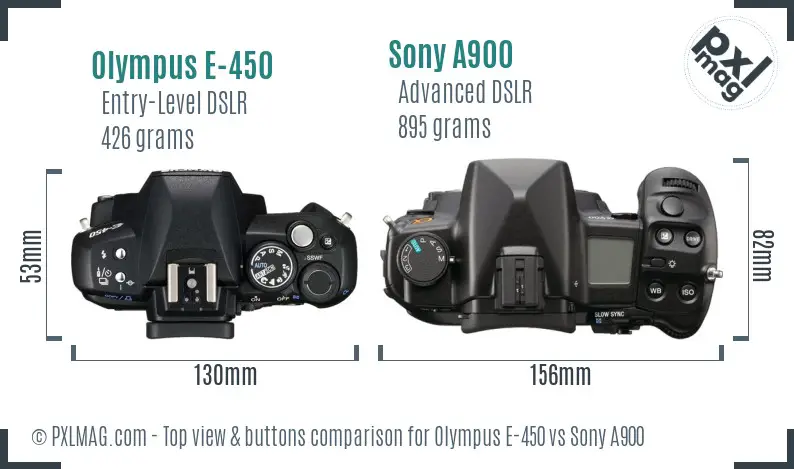 Olympus E-450 vs Sony A900 top view buttons comparison