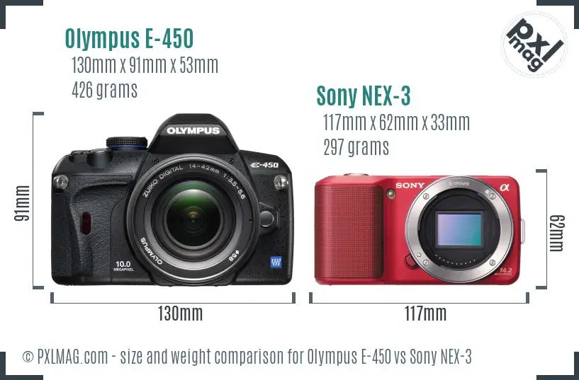 Olympus E-450 vs Sony NEX-3 size comparison