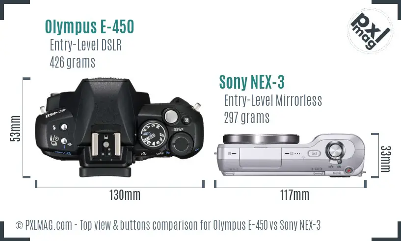 Olympus E-450 vs Sony NEX-3 top view buttons comparison