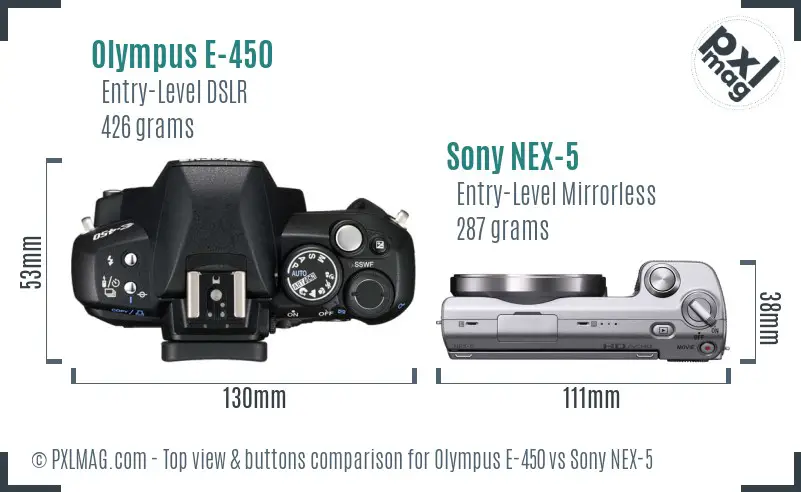 Olympus E-450 vs Sony NEX-5 top view buttons comparison