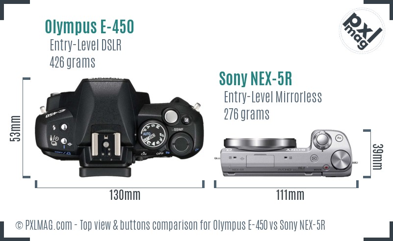 Olympus E-450 vs Sony NEX-5R top view buttons comparison